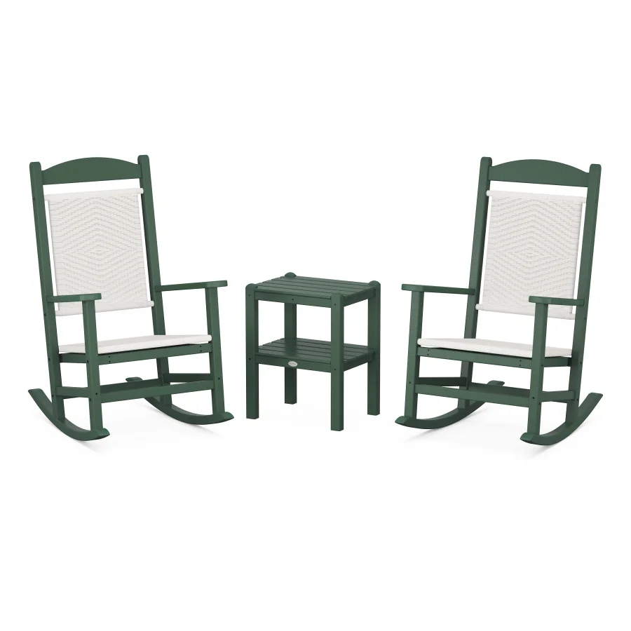 POLYWOOD Presidential Woven Rocker 3-Piece Set in Green / White Loom