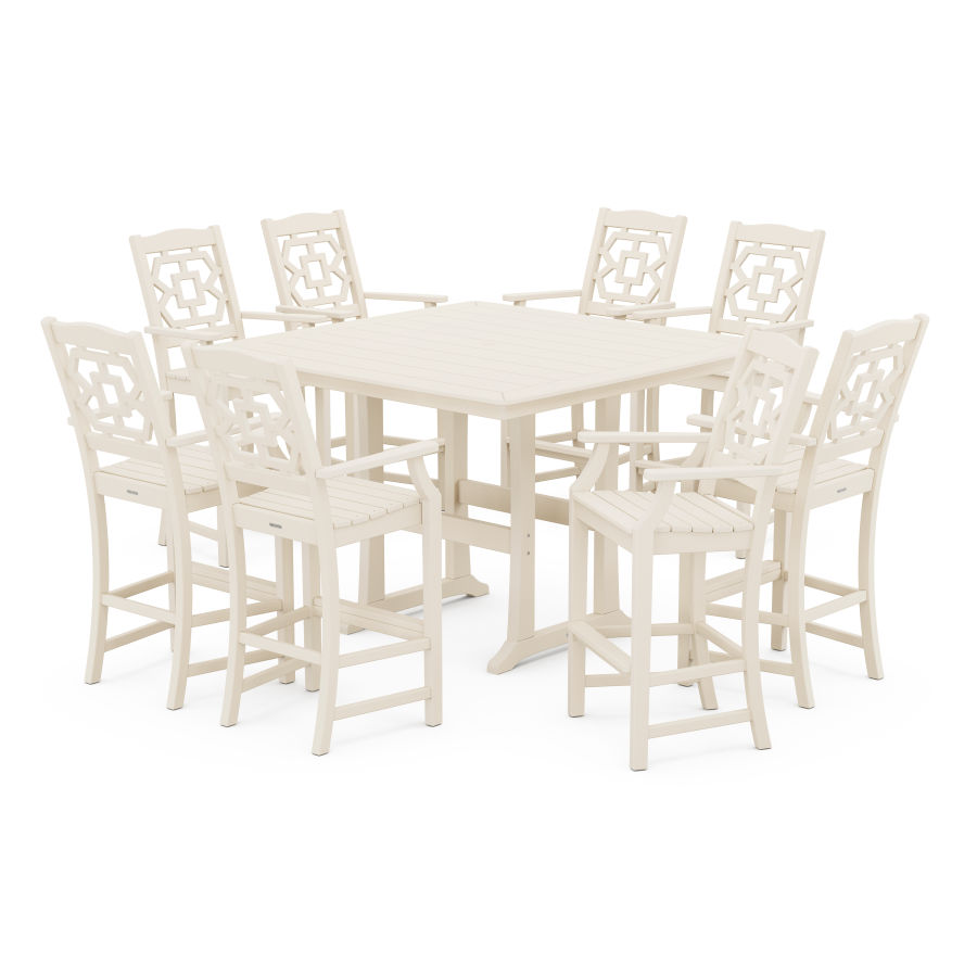 POLYWOOD Chinoiserie 9-Piece Square Bar Set with Trestle Legs in Sand