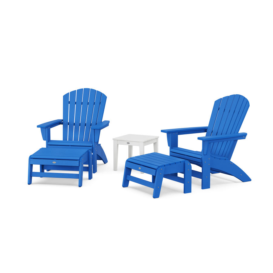 POLYWOOD 5-Piece Nautical Grand Adirondack Set with Ottomans and Side Table in Pacific Blue / White