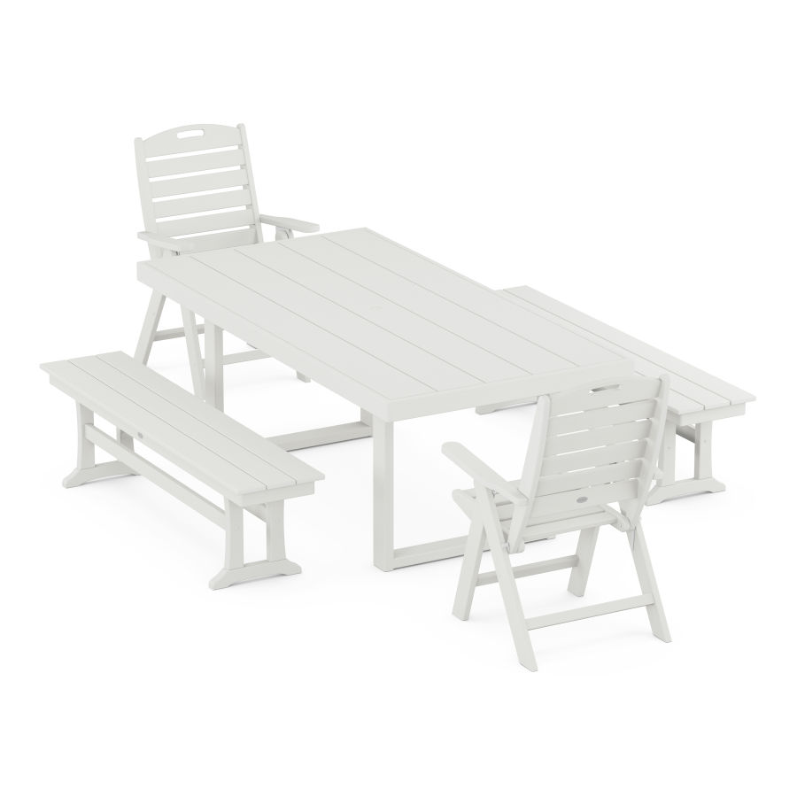 POLYWOOD Nautical Folding Highback 5-Piece Dining Set with Trestle Legs in Vintage White