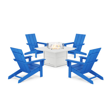 POLYWOOD 5-Piece Modern Studio Adirondack Conversation Set with Fire Pit Table in Pacific Blue