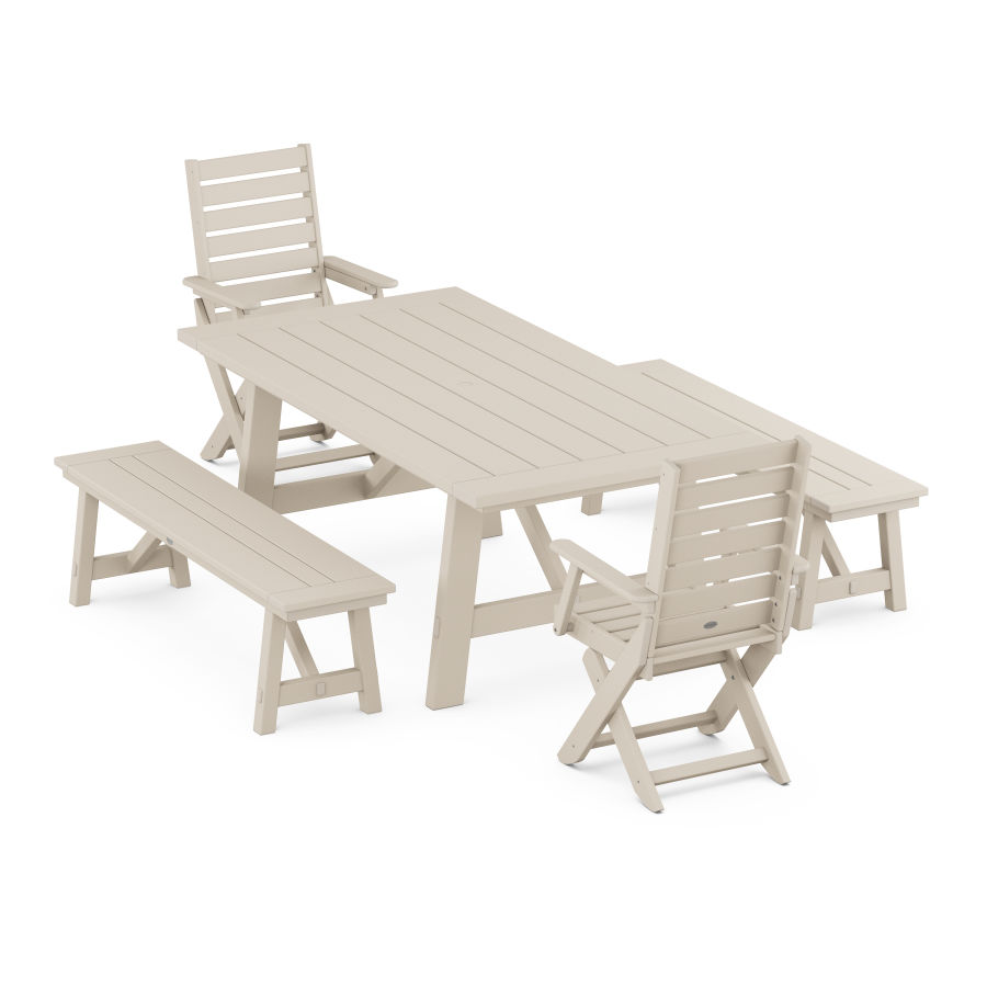 POLYWOOD Captain Folding Chair 5-Piece Rustic Farmhouse Dining Set With Benches in Sand