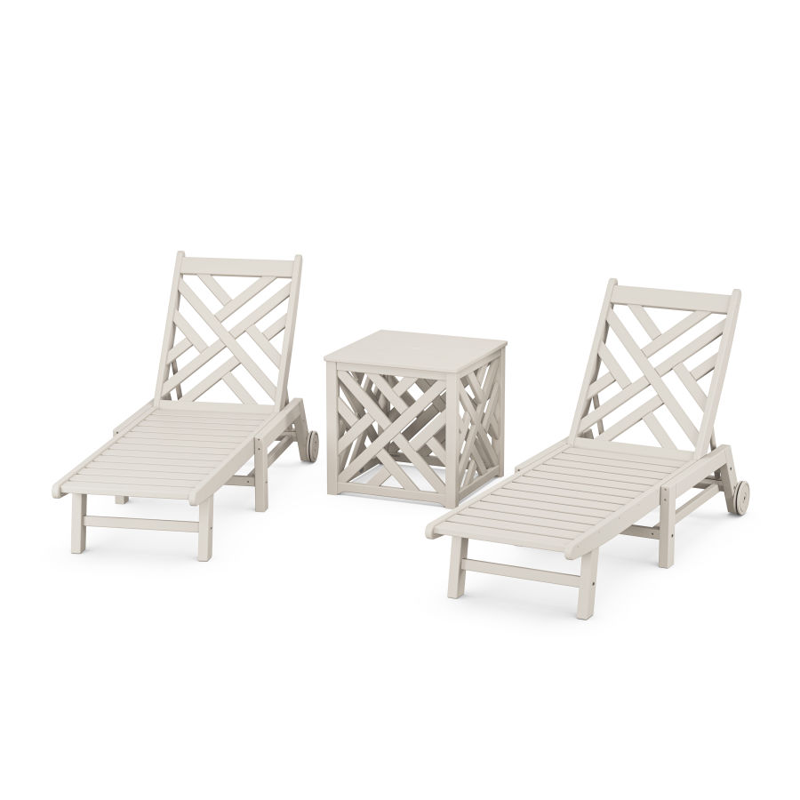 POLYWOOD Chippendale 3-Piece Chaise Set with Wheels and Umbrella Stand Accent Table in Sand