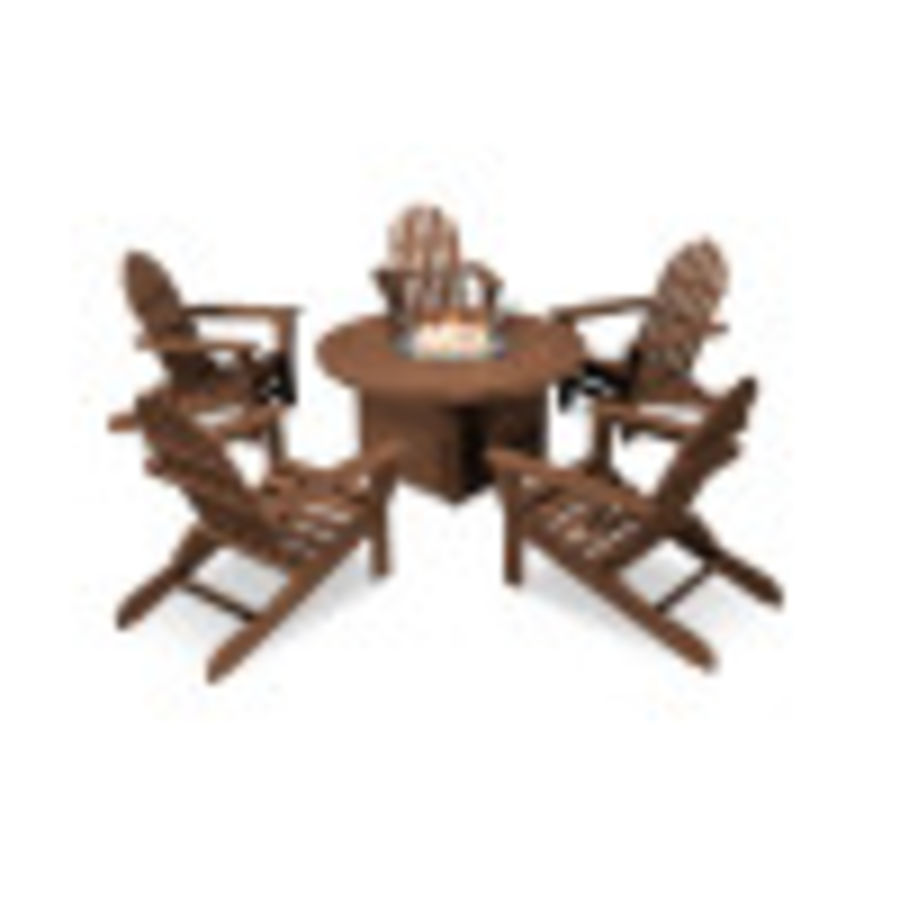 POLYWOOD Classic Folding Adirondack 6-Piece Conversation Set with Fire Pit Table in Teak