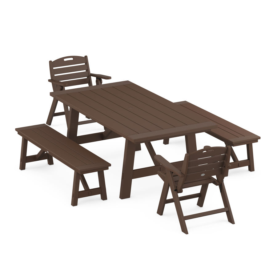 POLYWOOD Nautical Folding Lowback Chair 5-Piece Rustic Farmhouse Dining Set With Benches in Mahogany