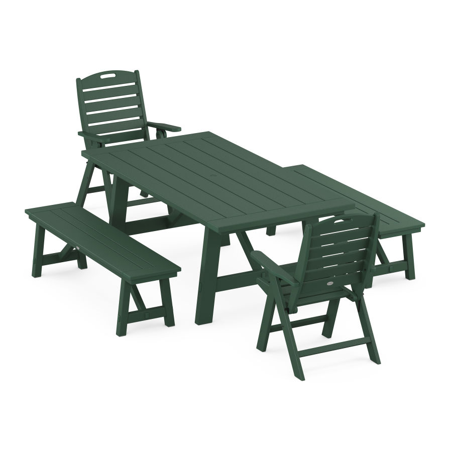 POLYWOOD Nautical Folding Highback Chair 5-Piece Rustic Farmhouse Dining Set With Benches in Green