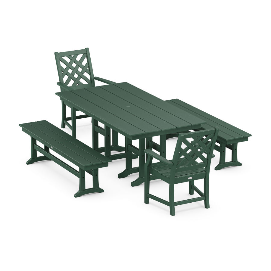 POLYWOOD Wovendale 5-Piece Farmhouse Dining Set with Benches in Green