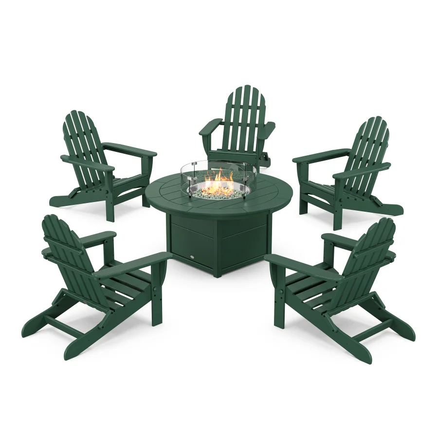 POLYWOOD Classic Folding Adirondack 6-Piece Conversation Set with Fire Pit Table in Green