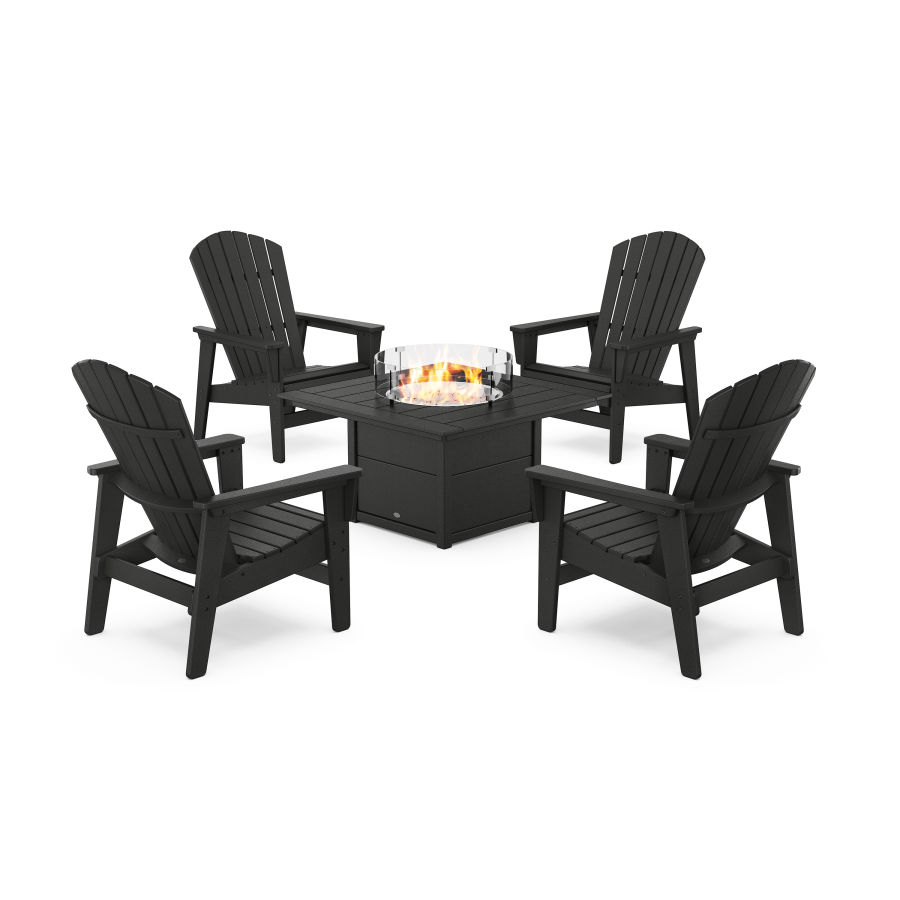 POLYWOOD 5-Piece Nautical Grand Upright Adirondack Conversation Set with Fire Pit Table in Black