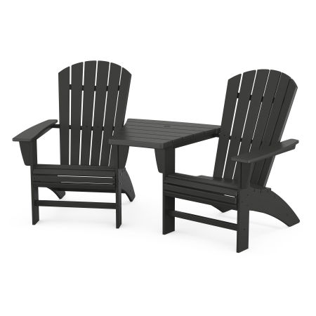 Nautical 3-Piece Curveback Adirondack Set with Angled Connecting Table in Black