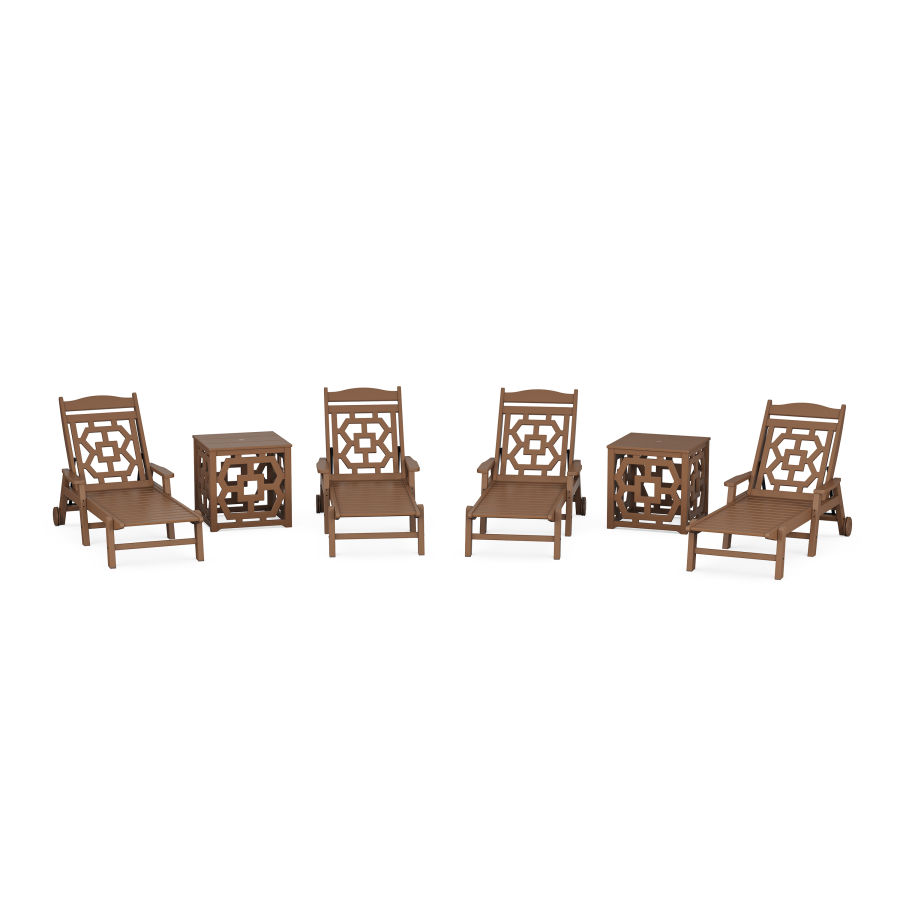 POLYWOOD Chinoiserie 6-Piece Chaise Set with Umbrella Stand Accent Table in Teak