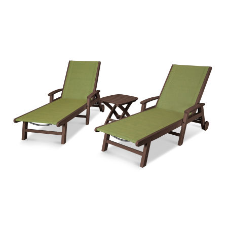 POLYWOOD Coastal 3-Piece Wheeled Chaise Set in Mahogany / Kiwi Sling