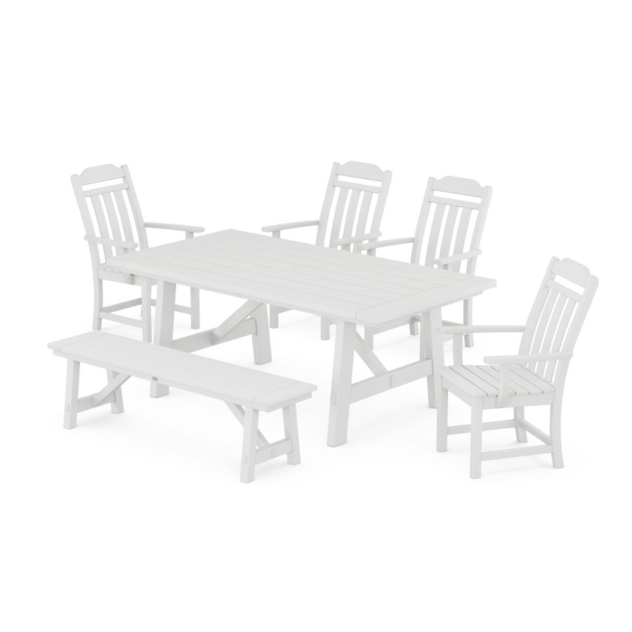 POLYWOOD Country Living 6-Piece Rustic Farmhouse Dining Set with Bench in White