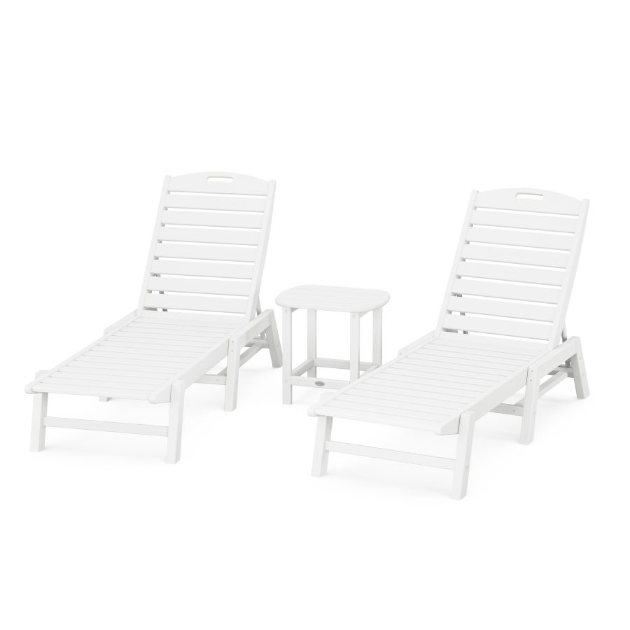 POLYWOOD Nautical 3-Piece Chaise Lounge Set with South Beach 18" Side Table in White