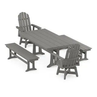 POLYWOOD Vineyard Curveback Adirondack Swivel Chair 5-Piece Farmhouse Dining Set With Trestle Legs and Benches