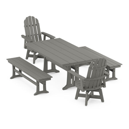 POLYWOOD Vineyard Curveback Adirondack Swivel Chair 5-Piece Farmhouse Dining Set With Trestle Legs and Benches