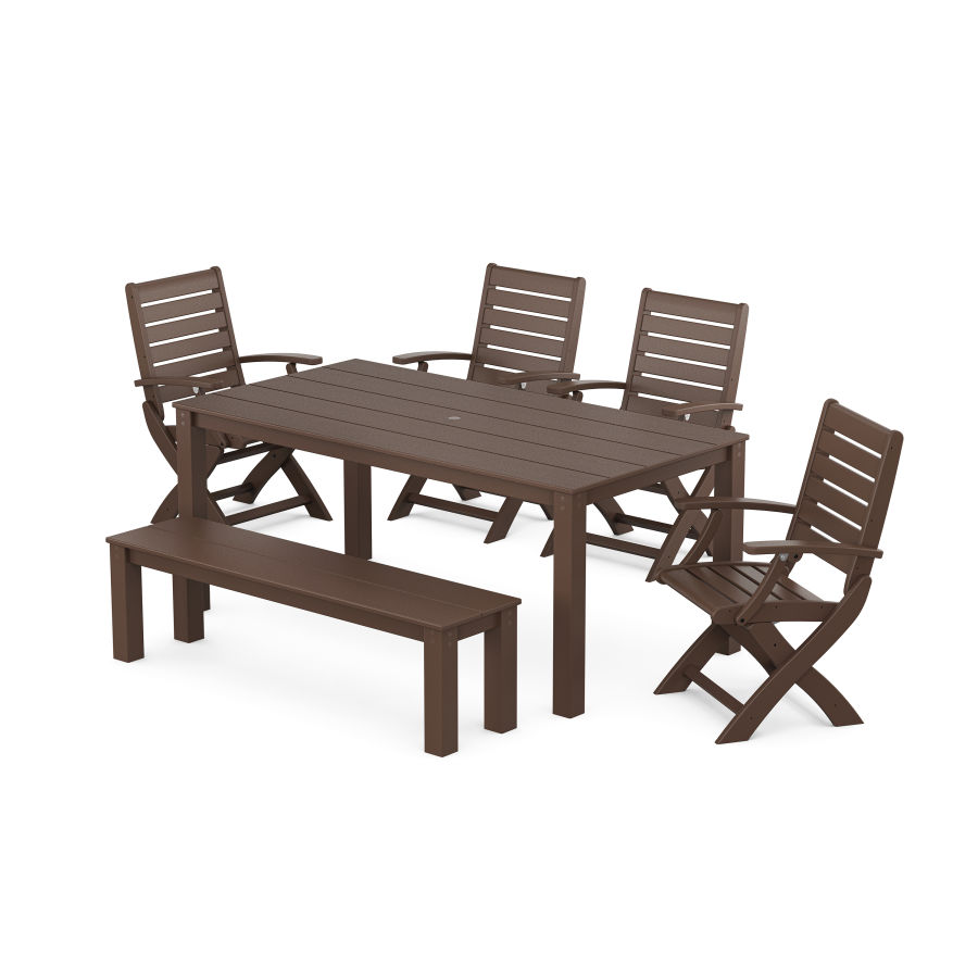 POLYWOOD Signature Folding Chair 6-Piece Parsons Dining Set with Bench in Mahogany
