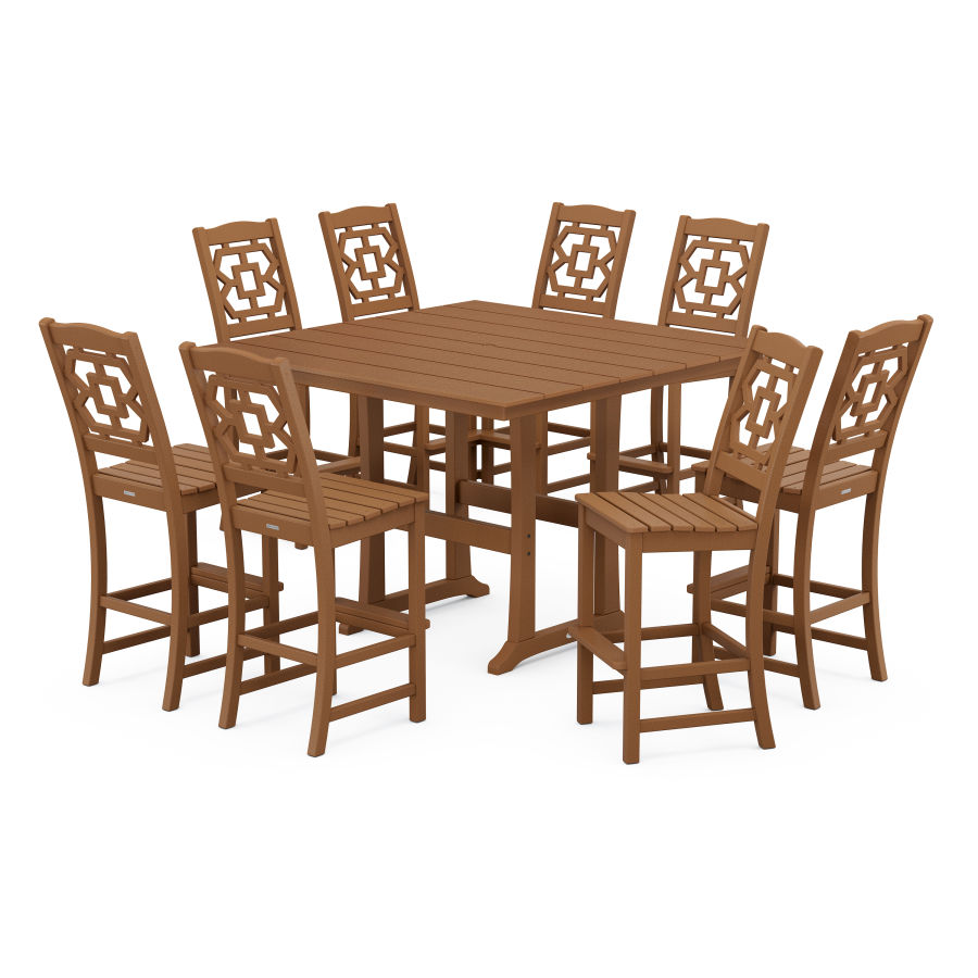 POLYWOOD Chinoiserie 9-Piece Square Farmhouse Side Chair Bar Set with Trestle Legs in Teak