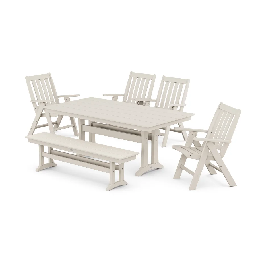 POLYWOOD Vineyard 6-Piece Farmhouse Folding Dining Set with Bench in Sand