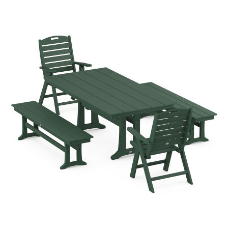 POLYWOOD Nautical Folding Highback Chair 5-Piece Farmhouse Dining Set With Trestle Legs and Benches in Green