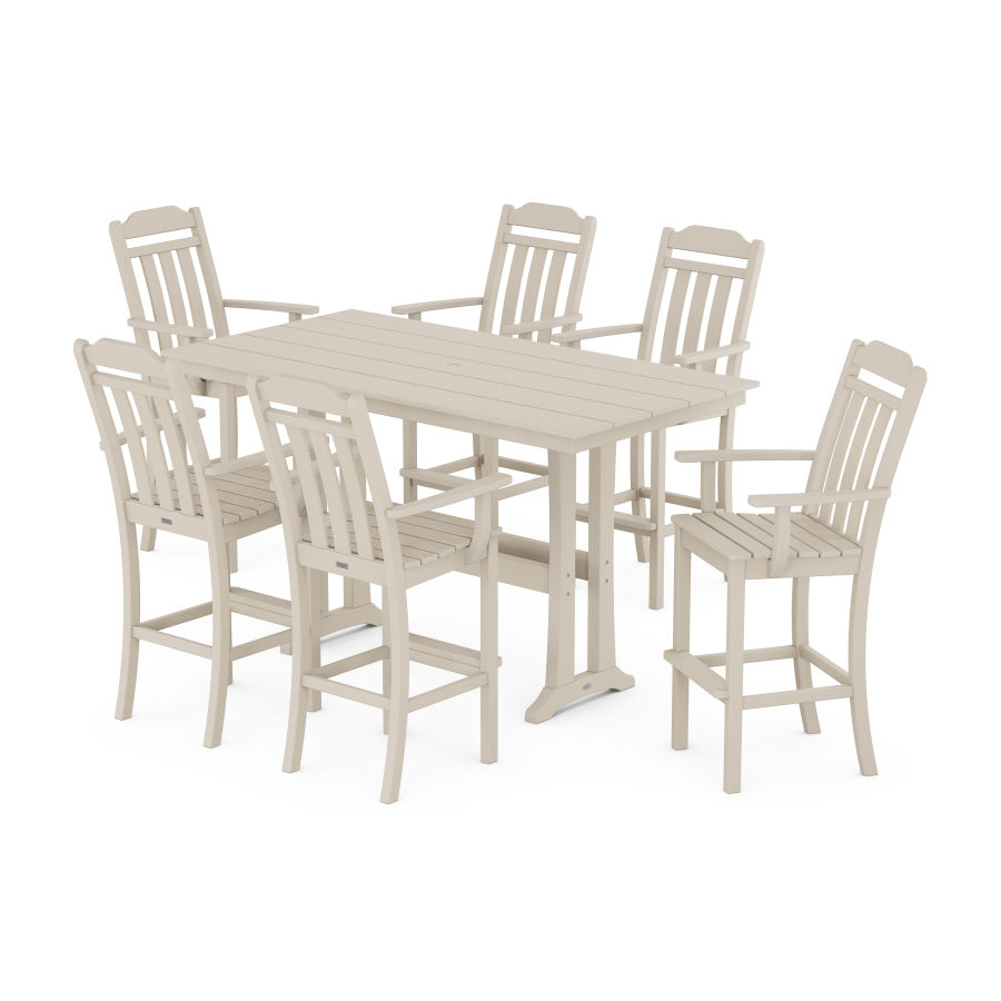 POLYWOOD Country Living Arm Chair 7-Piece Farmhouse Bar Set with Trestle Legs in Sand