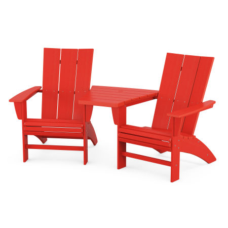 Modern 3-Piece Curveback Adirondack Set with Angled Connecting Table in Sunset Red