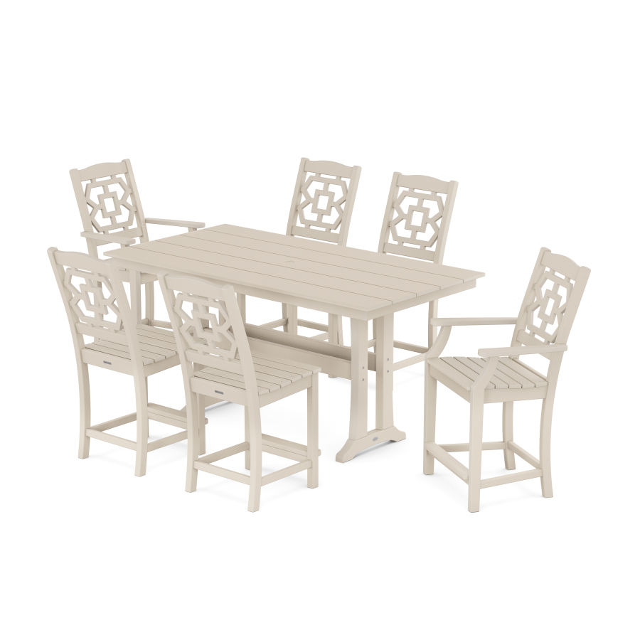 POLYWOOD Chinoiserie 7-Piece Farmhouse Counter Set with Trestle Legs in Sand
