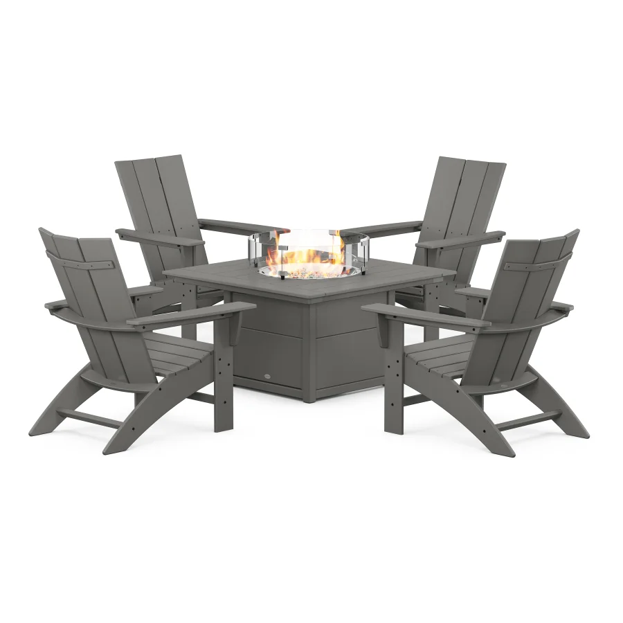 POLYWOOD Modern Curveback Adirondack 5-Piece Conversation Set with Fire Pit Table