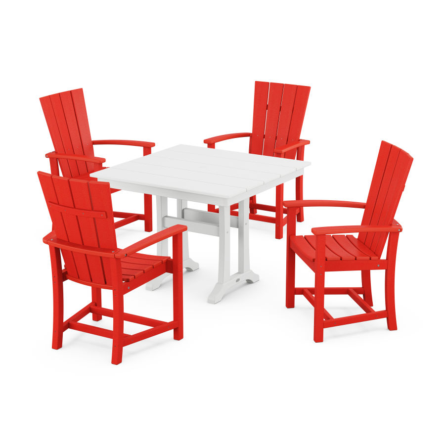 POLYWOOD Quattro 5-Piece Farmhouse Dining Set With Trestle Legs in Sunset Red / White