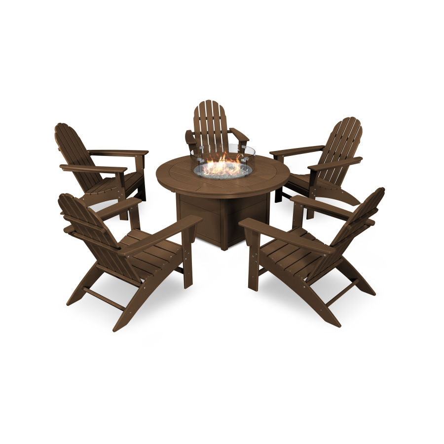POLYWOOD Vineyard Adirondack 6-Piece Chat Set with Fire Pit Table in Teak