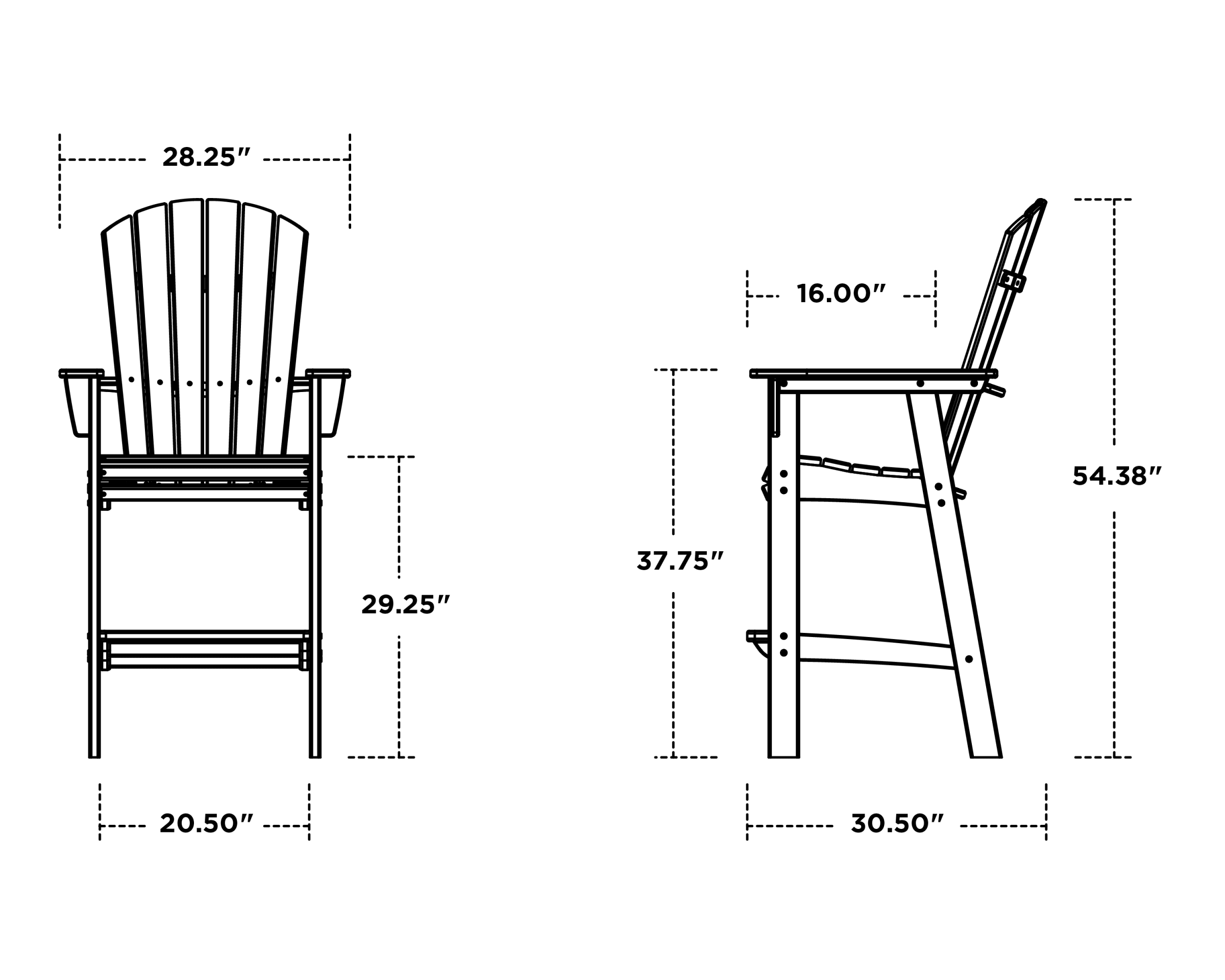 Dimensions for Nautical Curveback Adirondack Bar Chair