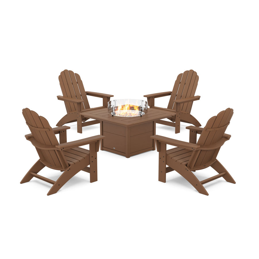 POLYWOOD 5-Piece Vineyard Grand Adirondack Conversation Set with Fire Pit Table in Teak
