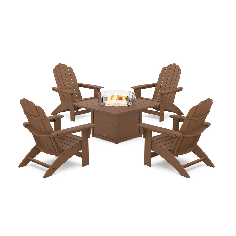 POLYWOOD 5-Piece Vineyard Grand Adirondack Conversation Set with Fire Pit Table in Teak