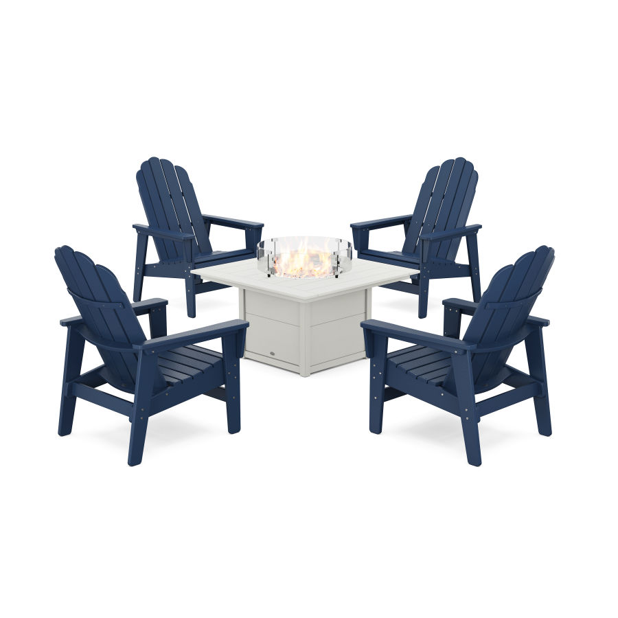 POLYWOOD 5-Piece Vineyard Grand Upright Adirondack Conversation Set with Fire Pit Table in Navy / White