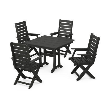 POLYWOOD Captain Folding Chair 5-Piece Farmhouse Dining Set With Trestle Legs in Black