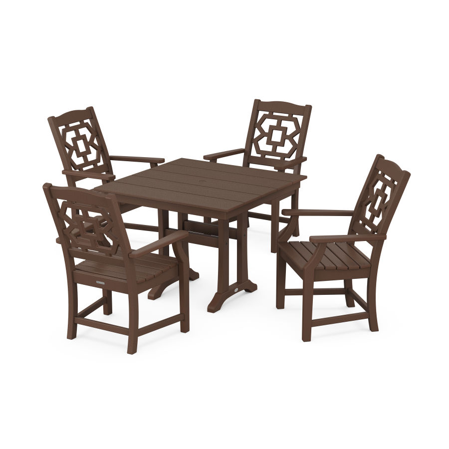 POLYWOOD Chinoiserie 5-Piece Farmhouse Dining Set with Trestle Legs in Mahogany