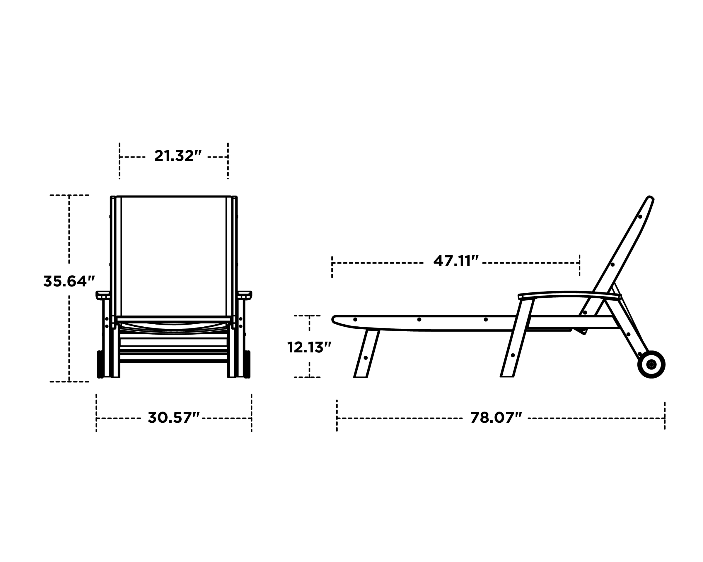 Dimensions for Coastal Woven Chaise with Arms and Wheels