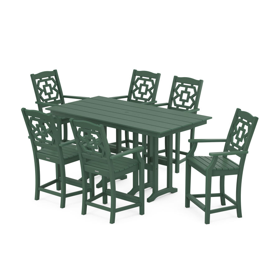 POLYWOOD Chinoiserie Arm Chair 7-Piece Farmhouse Counter Set in Green