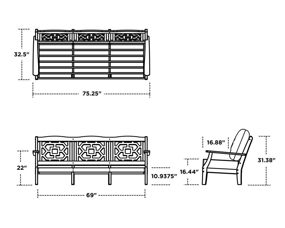 Dimensions for Chinoiserie Deep Seating Sofa