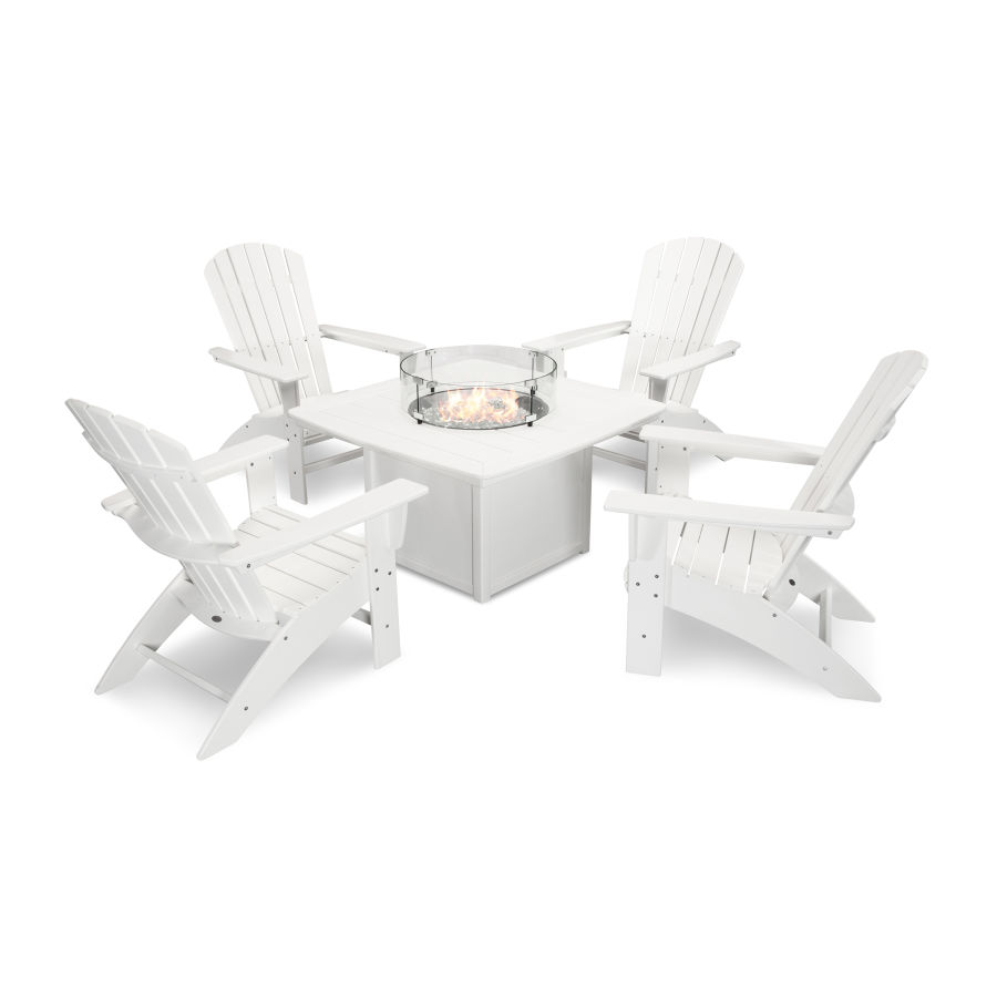 POLYWOOD Nautical Curveback Adirondack 5-Piece Conversation Set with Fire Pit Table in White