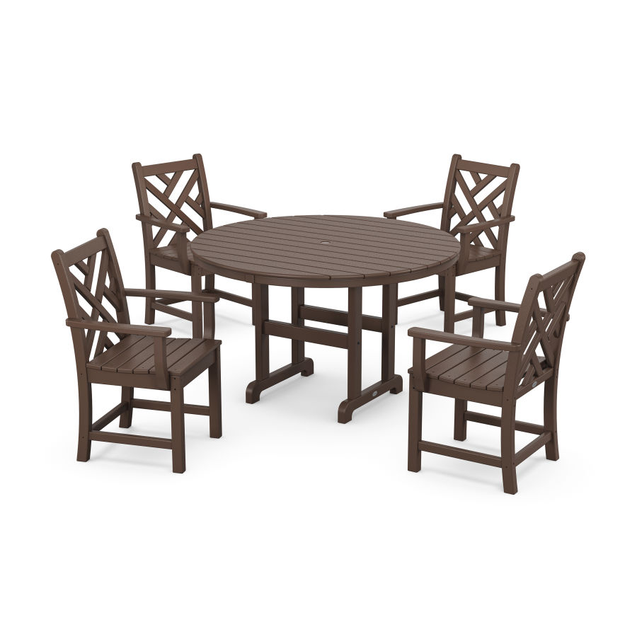 POLYWOOD Chippendale 5-Piece Round Farmhouse Arm Chair Dining Set in Mahogany