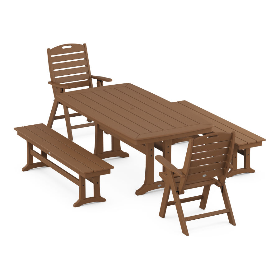 POLYWOOD Nautical Folding Highback Chair 5-Piece Dining Set with Trestle Legs and Benches in Teak