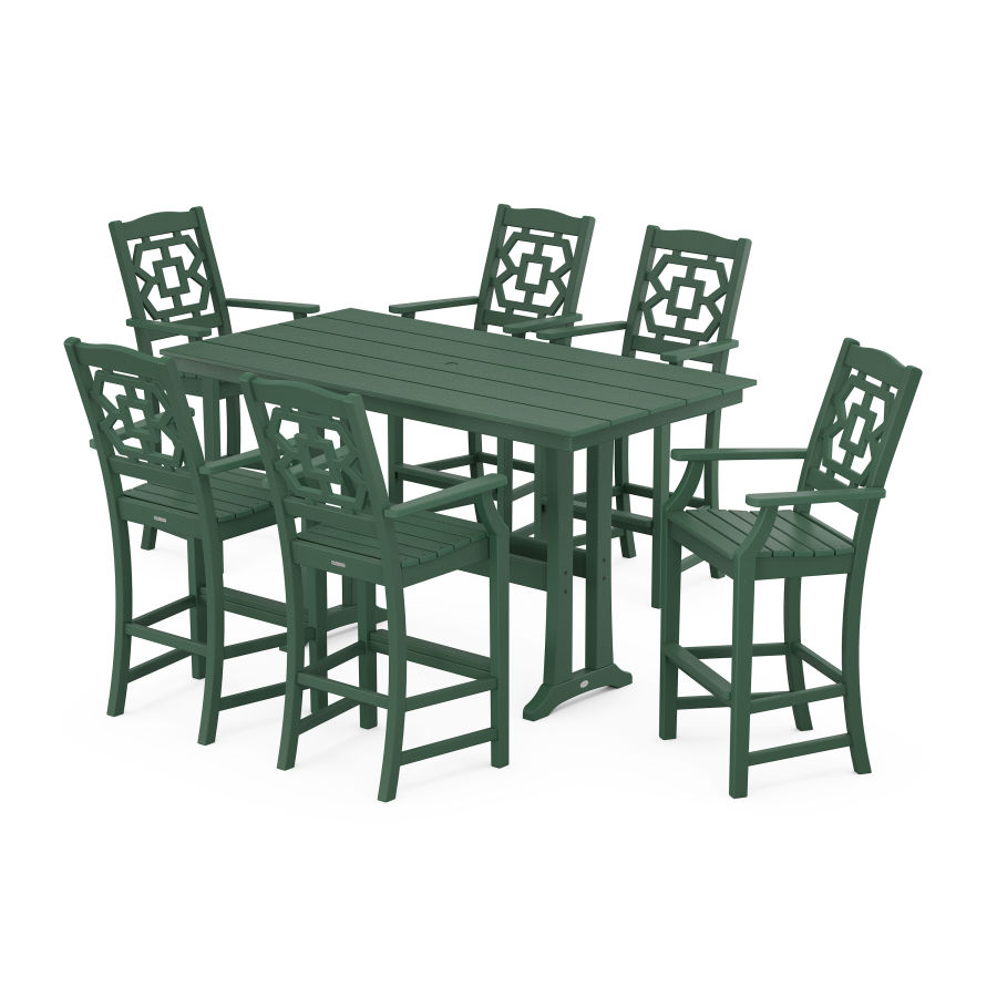 POLYWOOD Chinoiserie Arm Chair 7-Piece Farmhouse Bar Set with Trestle Legs in Green