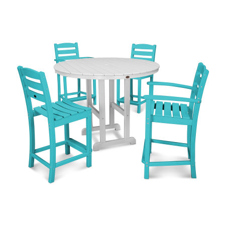 POLYWOOD La Casa Café 5-Piece Round Farmhouse Counter Dining Set in Aruba / White
