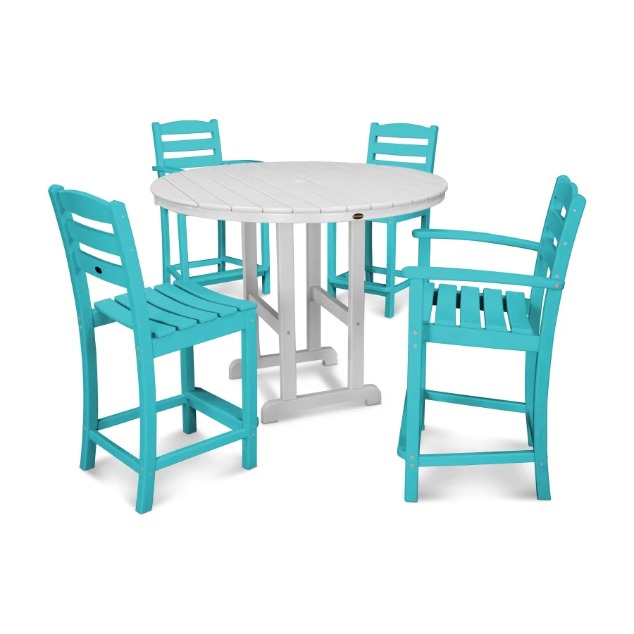 POLYWOOD La Casa Café 5-Piece Round Farmhouse Counter Dining Set in Aruba / White