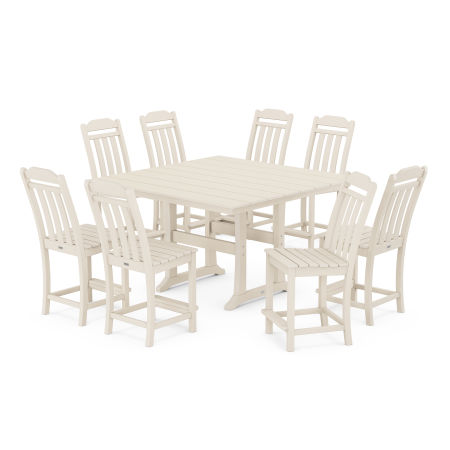 Country Living 9-Piece Square Farmhouse Side Chair Counter Set with Trestle Legs in Sand