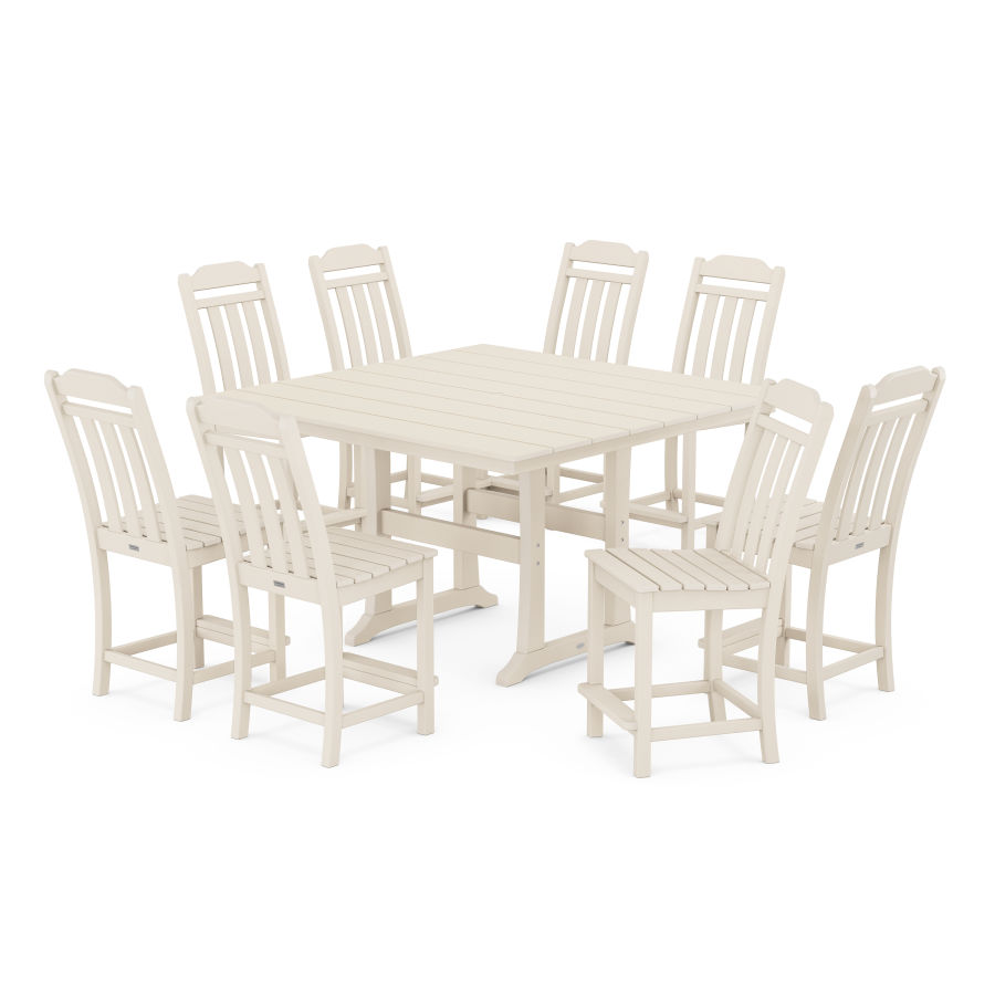 POLYWOOD Country Living 9-Piece Square Farmhouse Side Chair Counter Set with Trestle Legs in Sand