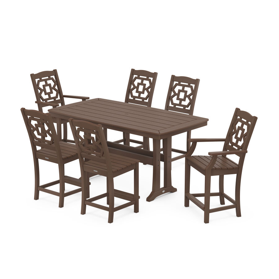 POLYWOOD Chinoiserie 7-Piece Counter Set with Trestle Legs in Mahogany