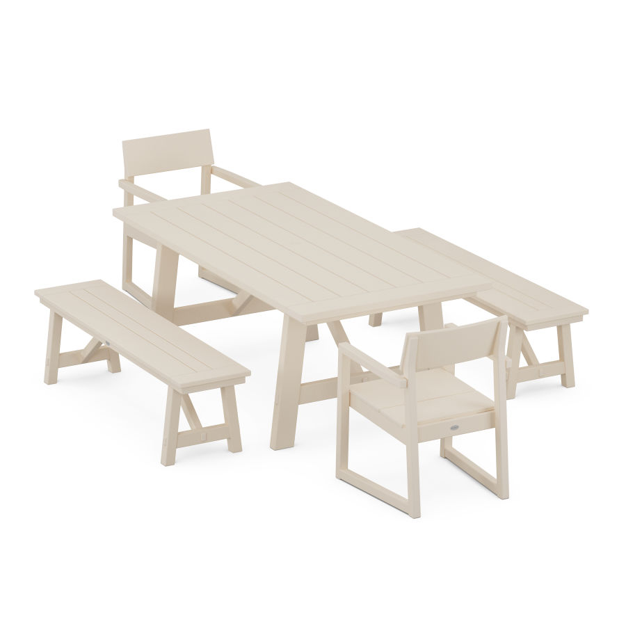POLYWOOD EDGE 5-Piece Rustic Farmhouse Dining Set With Trestle Legs in Sand