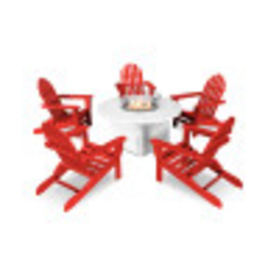 POLYWOOD Classic Folding Adirondack 6-Piece Conversation Set with Fire Pit Table in Sunset Red
